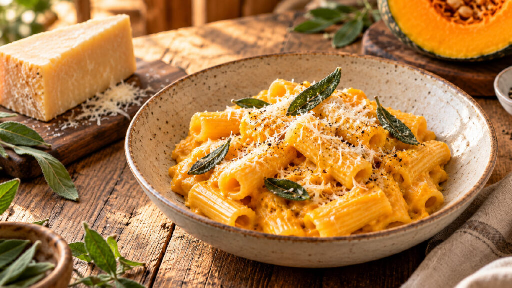 Piatto di pasta corta mantecata con crema di zucca liscia e vellutata, spolverata di parmigiano grattugiato e decorata con foglioline di rosmarino fresco.